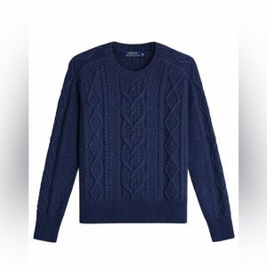 RALPH LAUREN Polo Cotton Navy Blue Cableknit Crewneck Sweater Fisherman Size XL
